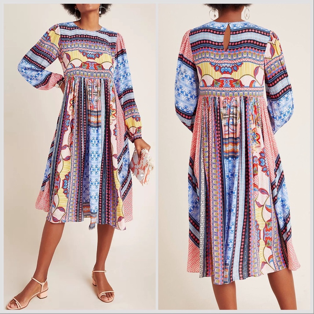 ANTHROPOLOGIE Bhanuni Jyoti Blue Red Multicolored marcelina Pleated dress Sz 2